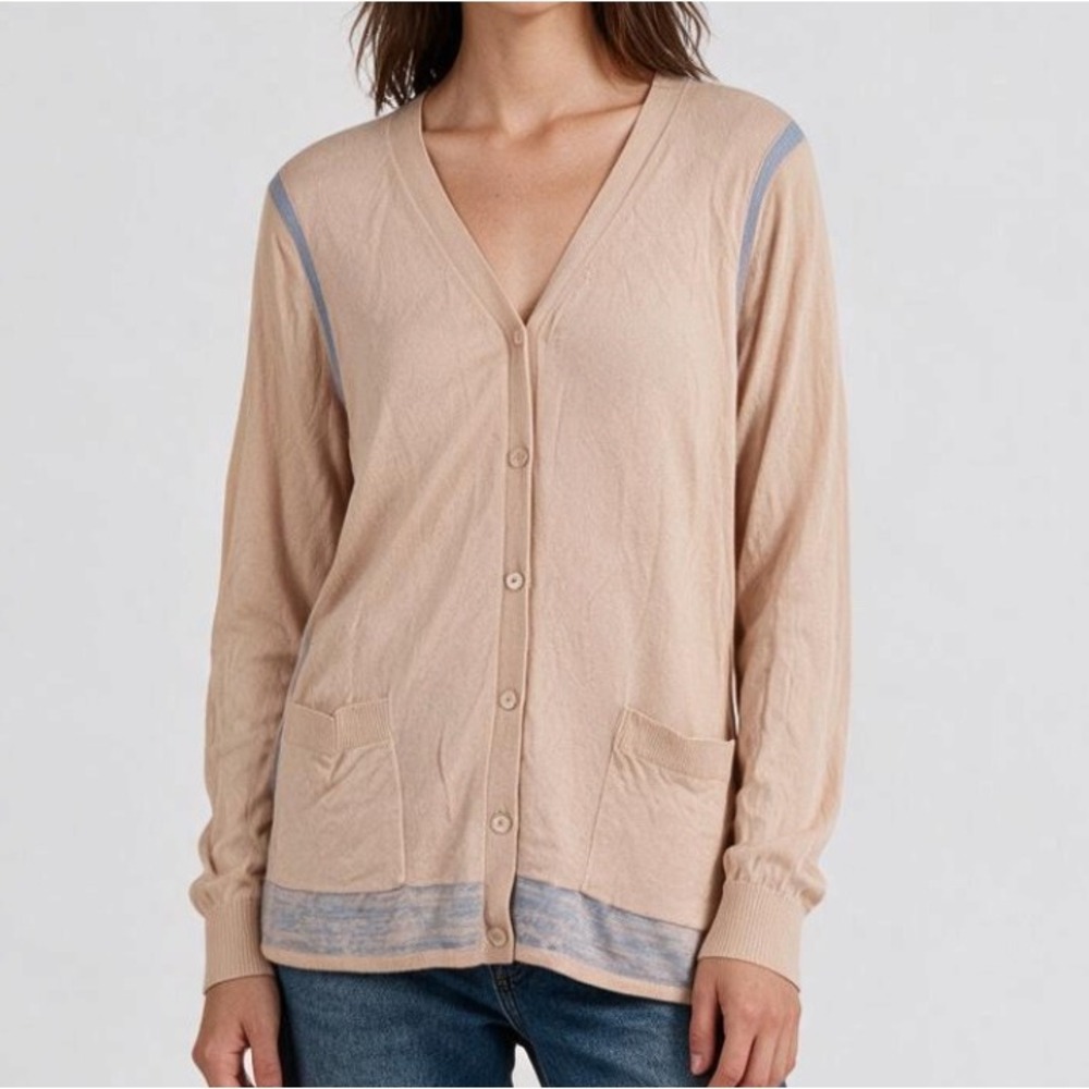 CABI 5288 Blush Pink Lucy Cardigan Sweater LAVENDER TRIM Pockets Button-Front M
